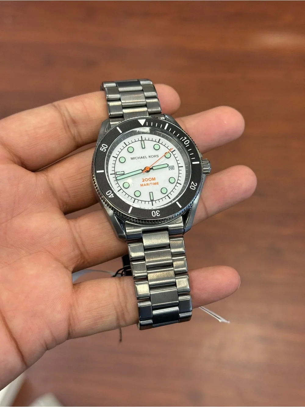 Michael Kors Silver Stainless Steel Watch with Black Bezel and White Dial men’s